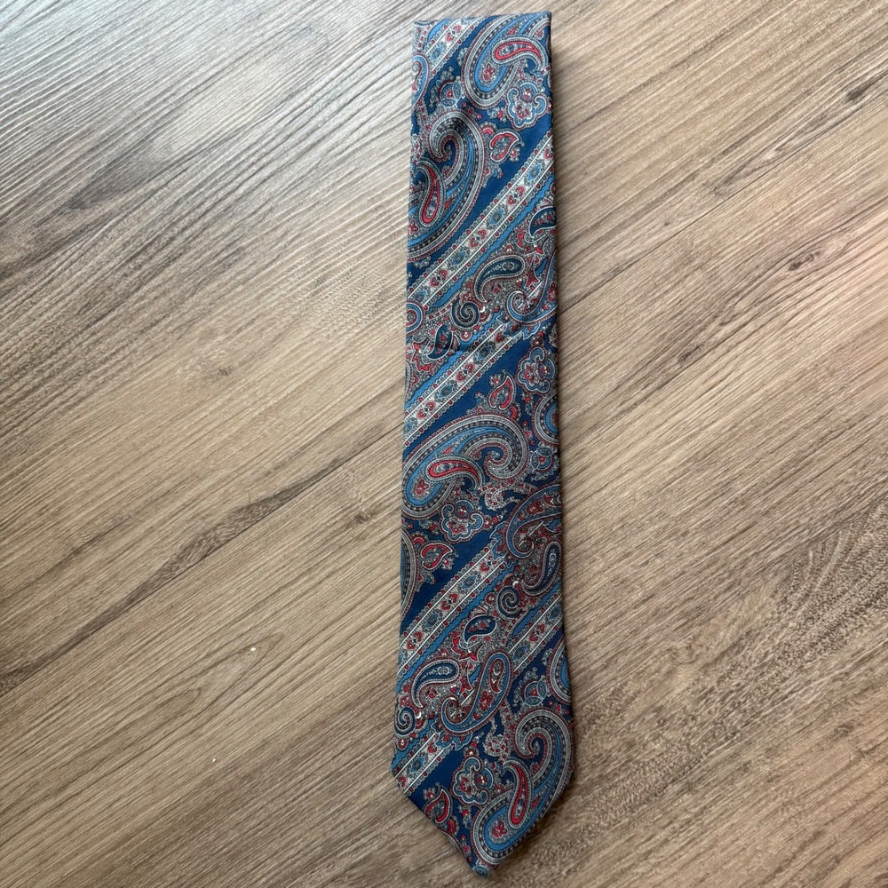 Christian Dior Mens Paisley Silk Tie Blue Red Geometric Pattern Vintage